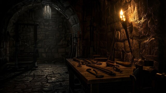 blacksmith. An empty stone chamber with torchlight on ancient metal tools, dramatic shadows. real-estate listings.
