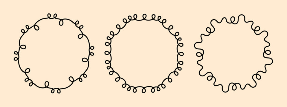 Round doodle frame, hand-drawn wavy curly engagement monograms. Edgings and cadres simple circular scribble swirl design, editable one line decoration old-fashioned greeting elements. Editable stroke.
