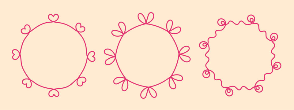 Round doodle frame, hand-drawn wavy curly engagement monograms. Edgings and cadres simple circular scribble swirl design, editable one line decoration old-fashioned greeting elements. Editable stroke.