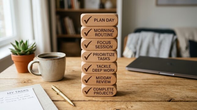 Productivity checklist concept using wooden blocks on a desk