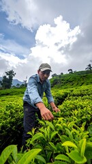 Naklejka premium A man in a cap and denim shirt picks tea leaves