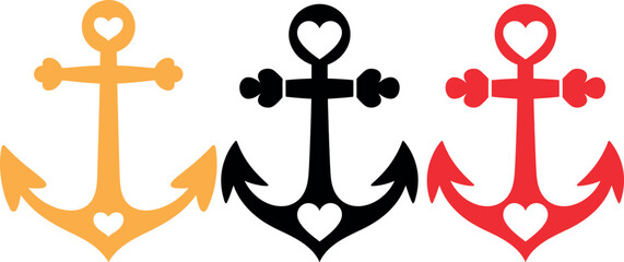 Three colorful nautical anchors with heart shapes in different colors on transparent background © Raton