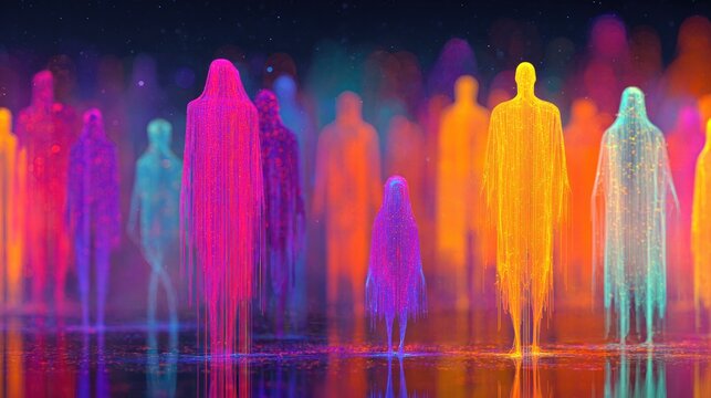 Glowing multi colored digital human figures made of light particles standing in a dark virtual space.