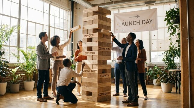 Team plays giant wooden block game at startup launch event