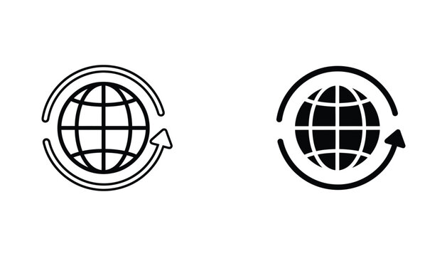 Global refresh update icon set featuring a globe with rotation arrow in outline and solid black vector style for web and software interface