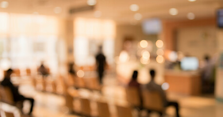 Fototapeta premium Blurred image of a spacious waiting area in a modern facility with individuals seated and soft lighting creating a calm atmosphere.