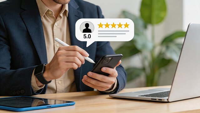 Businessman using smartphone and stylus giving five star rating review, customer satisfaction feedback, mobile app user experience, social media recommendation and quality service