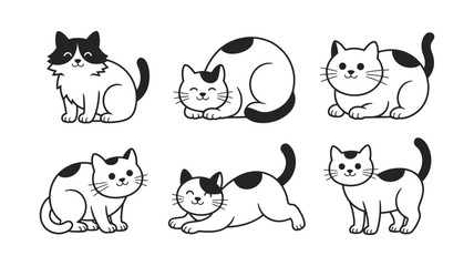 Fototapeta premium Cute cartoon cats with different fur textures and calm poses black and white adorable character domestic