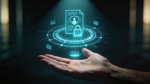 Digital document security and privacy protection concept with padlock shield icon and user profile hologram projection above hand in dark futuristic cyber security environment