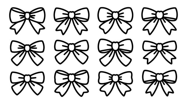 Grid of twelve symmetrical bow tie graphics in black and white line art with collection, illustration
