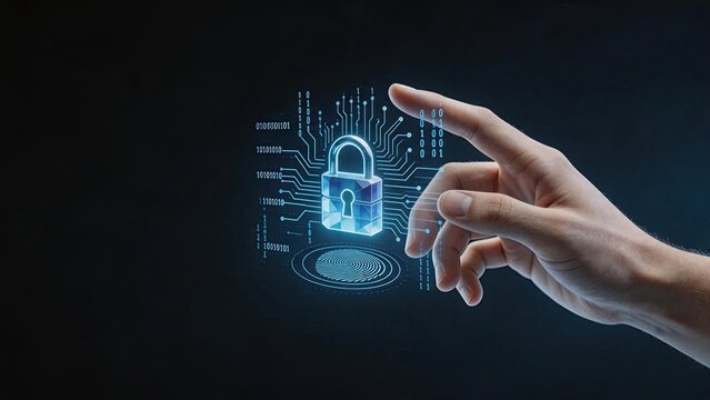 Hand touching virtual holographic padlock surrounded by binary code and circuit board patterns with fingerprint scan below illustrating cybersecurity, data protection, encryption,