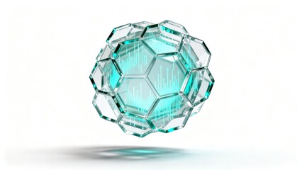 Naklejka premium Futuristic Glass Hexagonal Sphere with Glowing Cyan Data Network Floating on White Background for Technology and Science Design