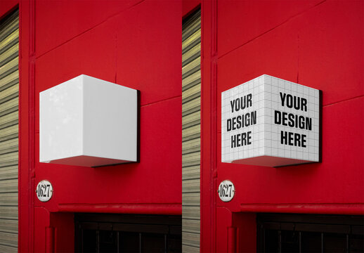Mockup Of Customizable Cube Poster On Red Building