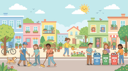Naklejka premium Community members cleaning public area, people picking up trash, neighborhood street with colorful houses, sunny day