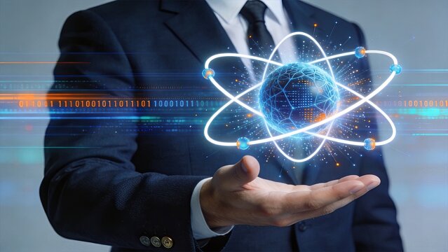 Businessman holding glowing digital atom model with electron orbits and binary code background, representing nuclear energy, scientific research and advanced technology innovation