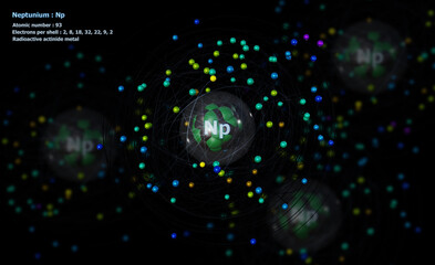 Atom of Neptunium with detailed Core and its 93 Electrons on black with other atoms in background © ShkYo30