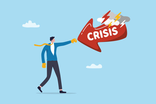 Crisis management, problem or risk planning system, solution to solve problem difficulty, crisis or critical response, warning or caution, businessman boxing glove fight with crisis thunder storm.