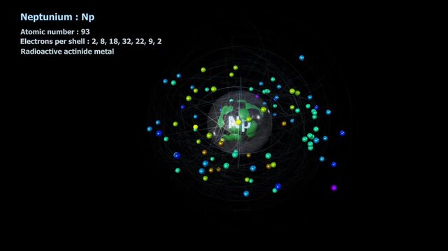 Atom of Neptunium with its 93 Electrons in infinite orbital rotation on a black background