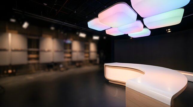 Modern broadcast studio desk with neon ceiling lights for video production