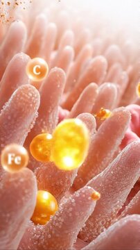 Gut health concept showing nutrient absorption intestinal villi with vitamin C, iron, zinc, and mineral molecules enhancing digestion and supporting digestive system wellness detailed microscopic