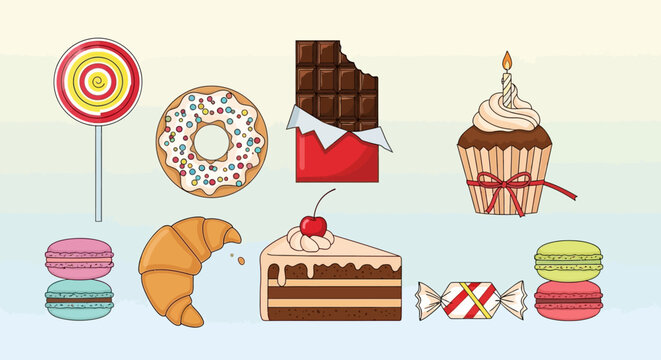 Collection of modern vector icons for sweets and bakery products