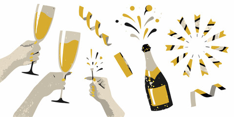 Obraz premium champagne celebration illustration set with glasses and confetti