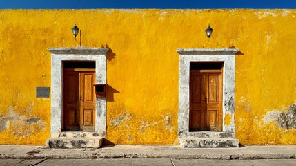 Fototapeta premium Izamal vibrant yellow colonial buildings and convent facade, wide view, daytime, Yucatan Mexico outdoor historic town architecture
