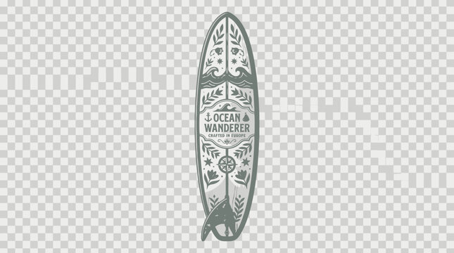 Vintage surfboard with floral designs.