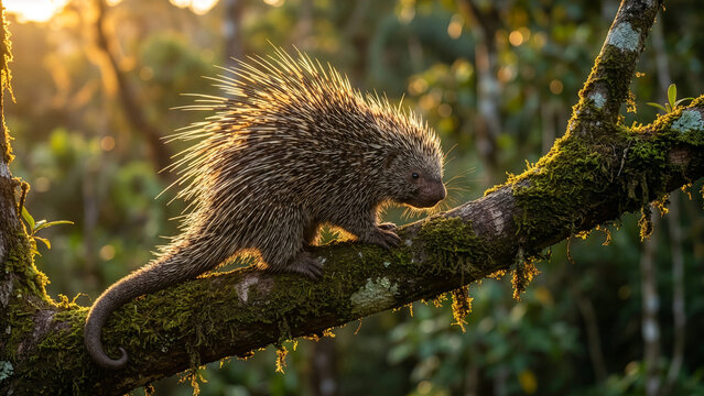 Brazilian Tree Porcupine Climbing Moss-Covered Branch in Tropical Rainforest at Golden Sunset &mdash; South American Wildlife Nature Photography