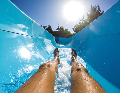 A person slides down a blue waterslide on a sunny day