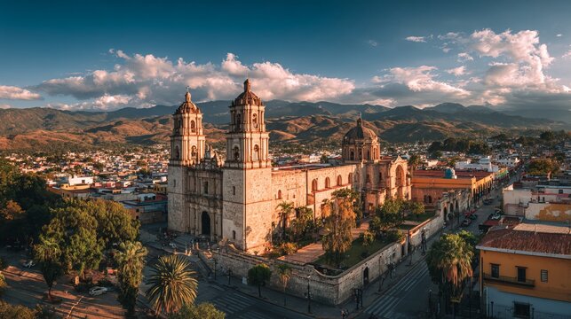 Aerial panoramic view of Oaxaca City colonial rooftops and cathedral domes at sunrise, warm golden light, wide drone view, Mexico outdoor cityscape
