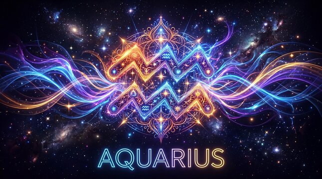 Glowing neon Aquarius zodiac symbol with ornate details, set against a starry galaxy background with the text AQUARIUS in English at the bottom