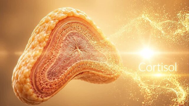 Cortisol hormone release concept detailed adrenal gland anatomy glowing light effect symbolizing stress response hormone function human body biology medical health adrenal gland anatomy biology