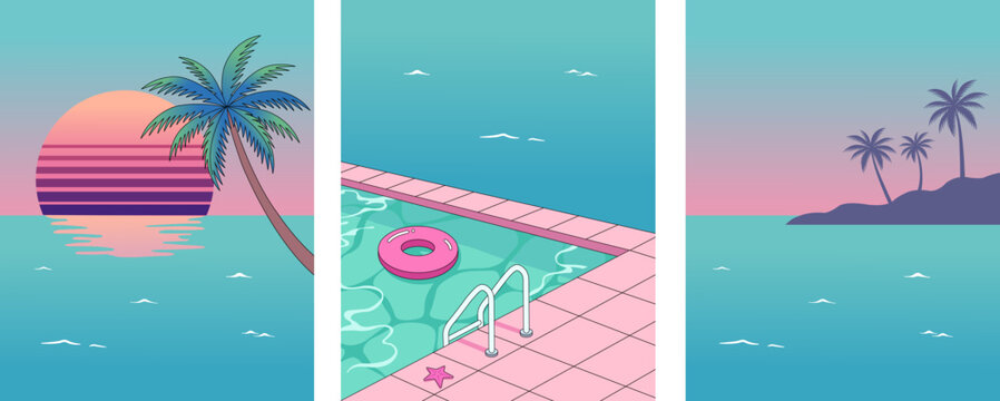 Summer Beach Collection illustrations with sunsets, 80s summer vibes.
