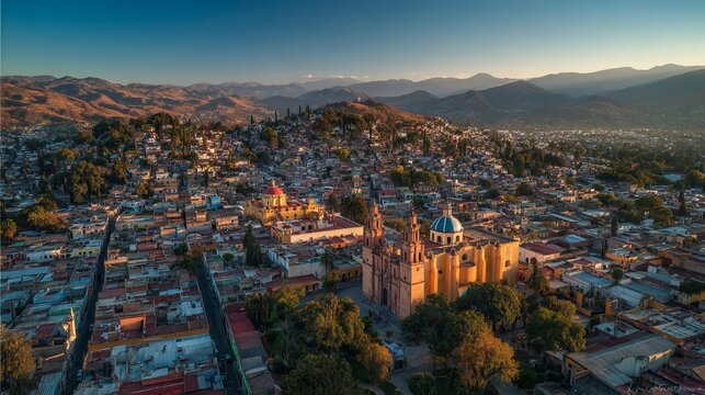 Aerial panoramic view of Oaxaca City colonial rooftops and cathedral domes at sunrise, warm golden light, wide drone view, Mexico outdoor cityscape