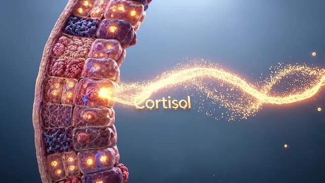 Cortisol release concept illustrating hormone secretion from adrenal gland cells with glowing particles and detailed biological structure representing stress response and endocrine function