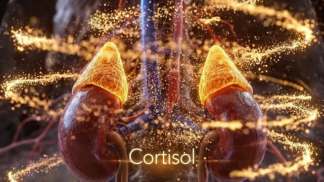 Cortisol release concept showing adrenal gland anatomy kidney with glowing hormone secretion effect particles surrounding organs representing stress response biology human hormone vascular system