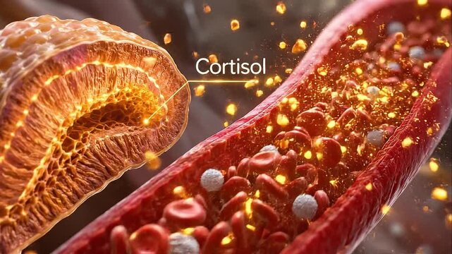 Cortisol release hormone molecule flowing through blood vessel with detailed cell structure and glowing particles showing biology and medical anatomy of hormone secretion into bloodstream with red