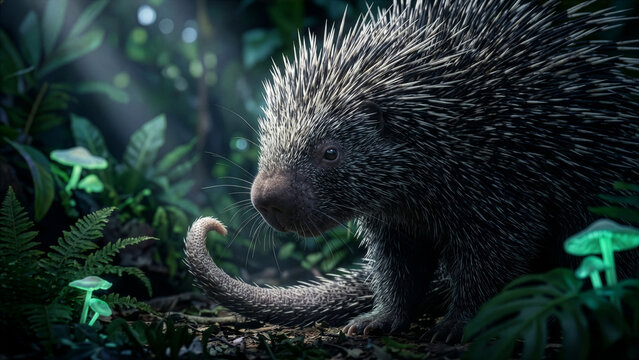 Brazilian Tree Porcupine Close-Up at Night in Rainforest Floor with Glowing Bioluminescent Mushroom and Fern &mdash; Dramatic South American Wildlife Nature Photography
