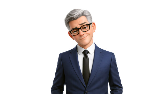 Senior professional man with condescending smirk wearing a business suit and eyeglasses on a white background. Office worker in 3d design style