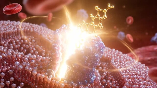 Cortisol release molecular structure interacting with cell membrane receptor glowing energy scientific visualization hormone activity biological process binding receptor blood vessel red blood cell