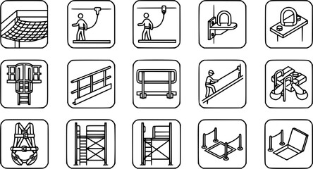 Construction Safety Icons: Harness, Scaffolding, Fall Protection, Netting, Barriers, Line Art © syakira