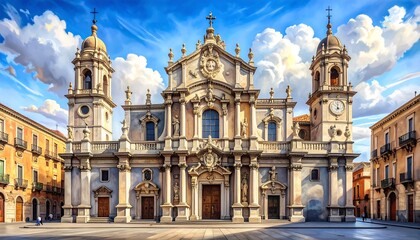 Obraz premium Grand architecture facade with ornate details and towering spires in daylight