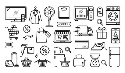Fototapeta premium Creative online store outline vector icon set with minimalist appliance symbols