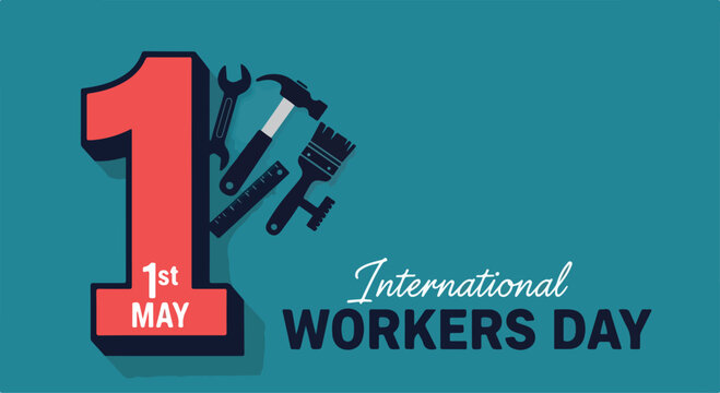 International Workers Day celebrated on May 1st with tools of labor like hammer and wrench symbolizing hard work