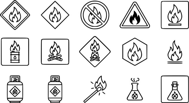 Set of fire hazard warning icons and symbols, line art, vector graphics