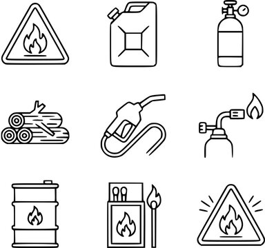 Fire Hazard Warning Icons: Flammable Liquid, Wood, Gas, Matches, Barrel, Danger Symbol, Line Art