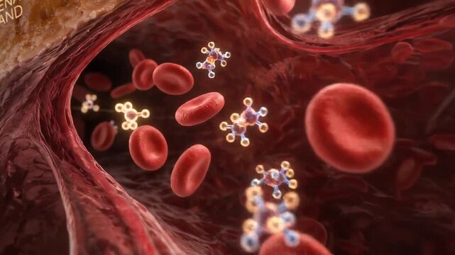 Red blood cell molecule flowing through blood vessel artery vein circulation in human body illustrating cortisol release concept with adrenal gland hormone function and stress response system