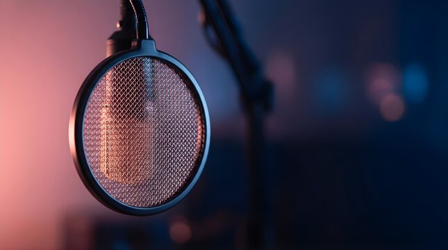 Professional studio microphone with pop filter in a dark neon room