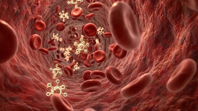 Red blood cell blood vessel molecule cortisol release concept showing hormone molecules flowing inside blood vessel representing stress response biochemical process human body circulation system